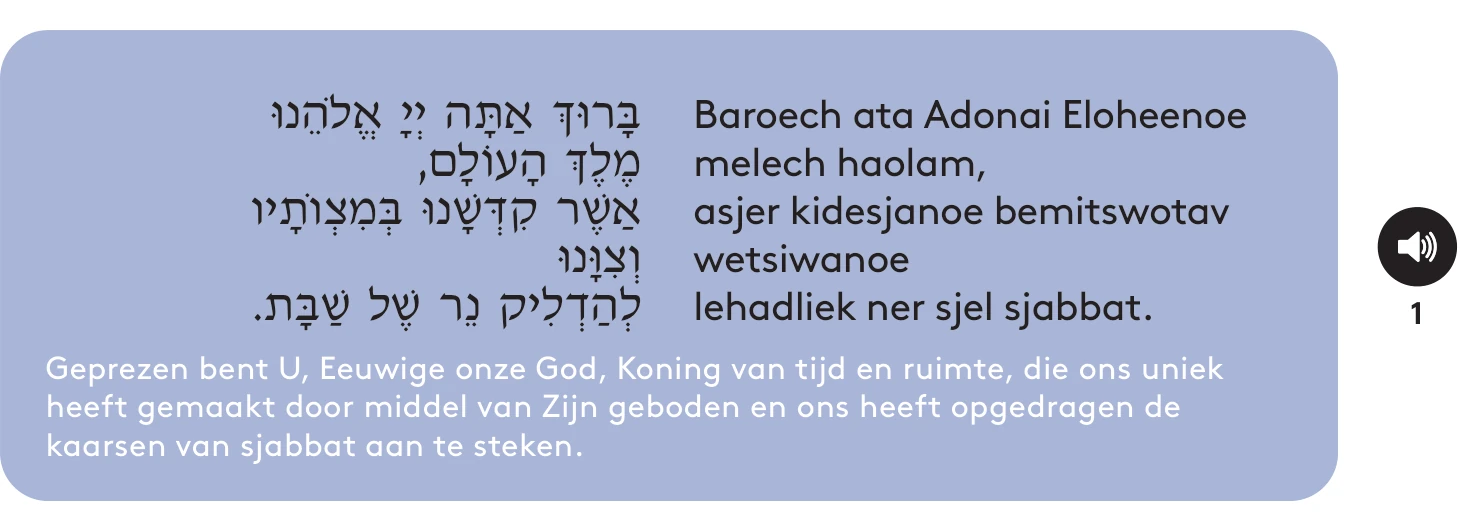 Beracha over de kaarsen, zoals afgedrukt in het boek. Baroech ata Adonai Eloheenoe melech haolam, asjer kidesjanoe bemitswotav wetsiwanoe lehadliek ner sjel sjabbat. Geprezen bent U, Eeuwige onze God, Koning van tijd en ruimte, die ons uniek heeft gemaakt door middel van Zijn geboden en ons heeft opgedragen de kaarsen van sjabbat aan te steken.
