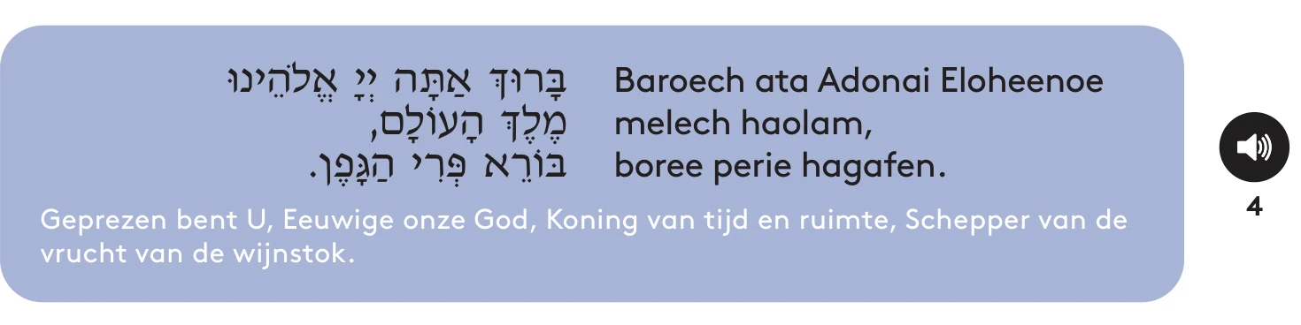 De beracha over de wijn zoals afgedrukt in het boek: Baroech ata Adonai Eloheenoe melech haolam, boree perie hagafen. Geprezen bent U, Eeuwige onze God, Koning van tijd en ruimte, Schepper van de vrucht van de wijnstok.