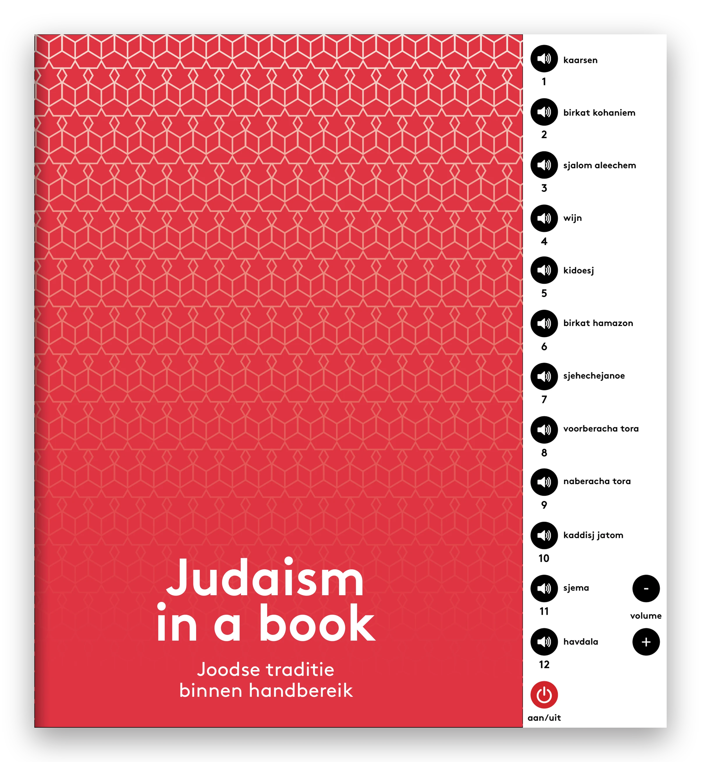 Judaism in a book met de geluidsmodule ernaast, even hoog als het boek: twaalf genummerde knopjes met de namen kaarsen, birkat kohaniem, sjalom aleechem, wijn, kidoesj, birkat hamazon, sjehechejanoe, voorberacha tora, naberacha tora, kaddisj jatom, sjema en havdala, plus volume en een aan-uitknop.