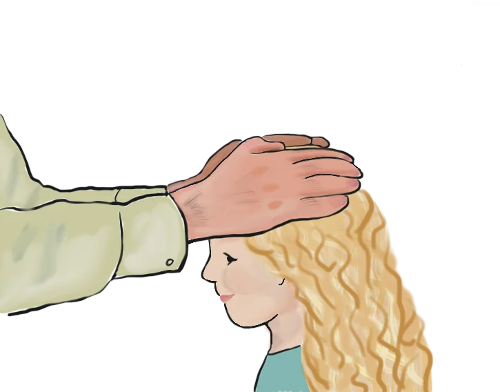 Illustratie: een hand op het hoofd van een kind, de zegening van de kinderen