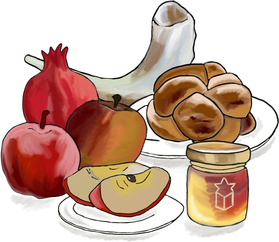 Illustratie: granaatappel, appel met honing en challa